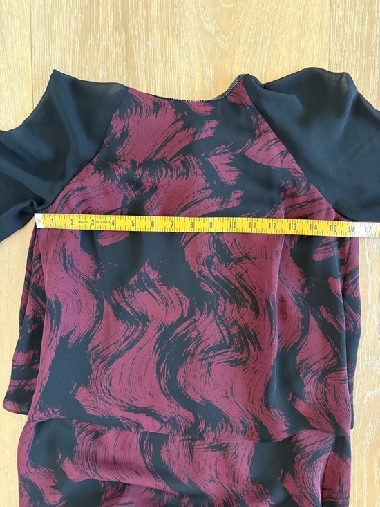 Reiss Black Burgundy Swirl Print Chiffon Dress Beaded Collar Sheer Sleeve Size 2 - Picture 7 of 9